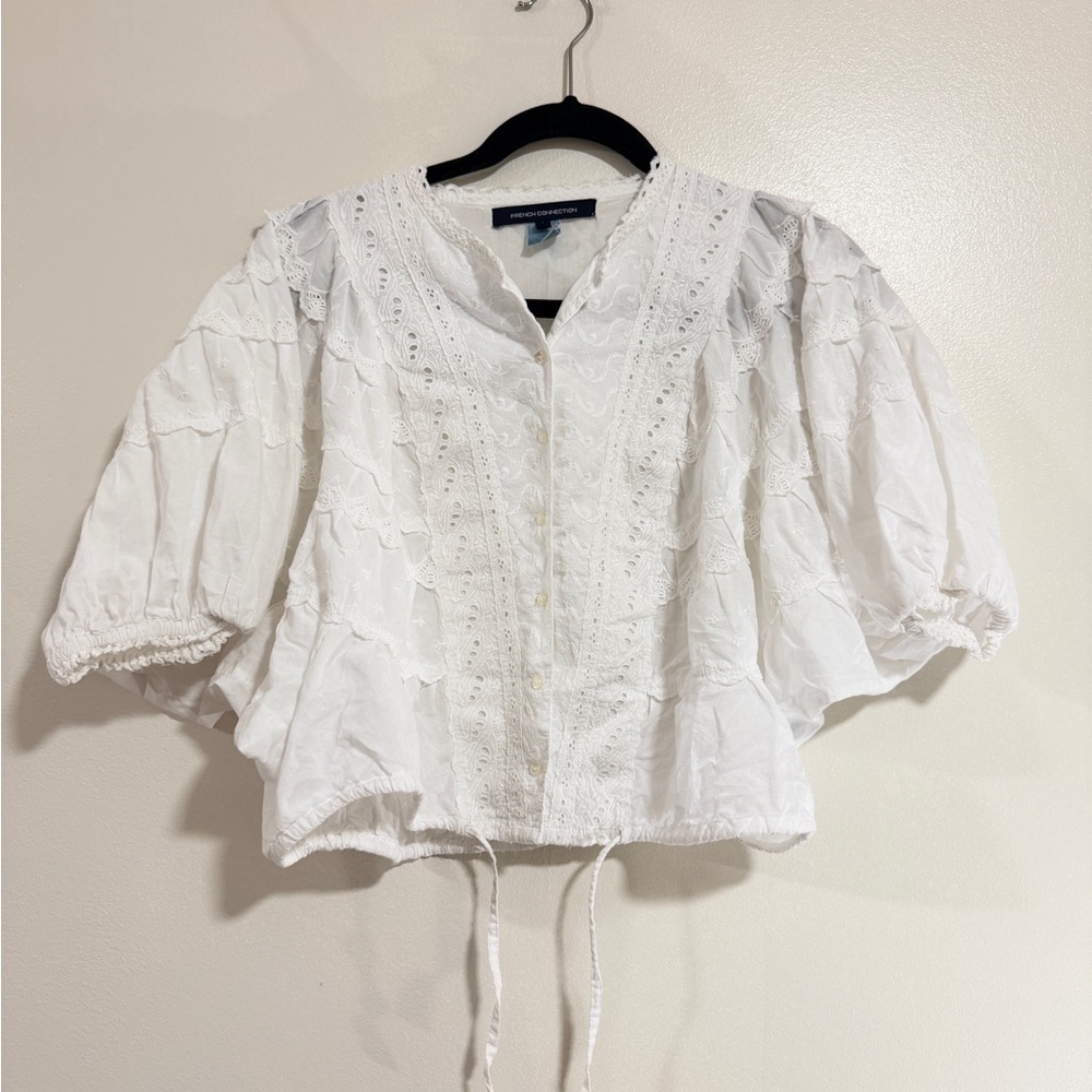 French Connection Eyelet Puff sleave Cottagecore blouse size 8 Romanic Peasant